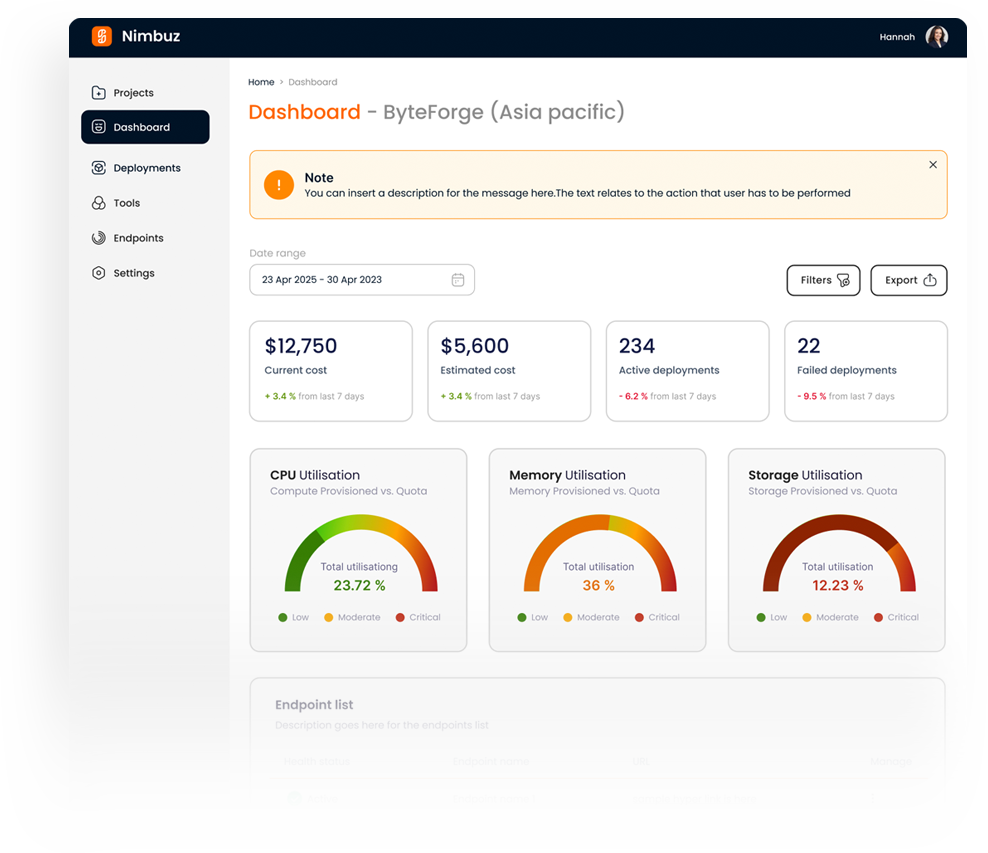 Nimbuz Platform dashboard interface showing deployment management features